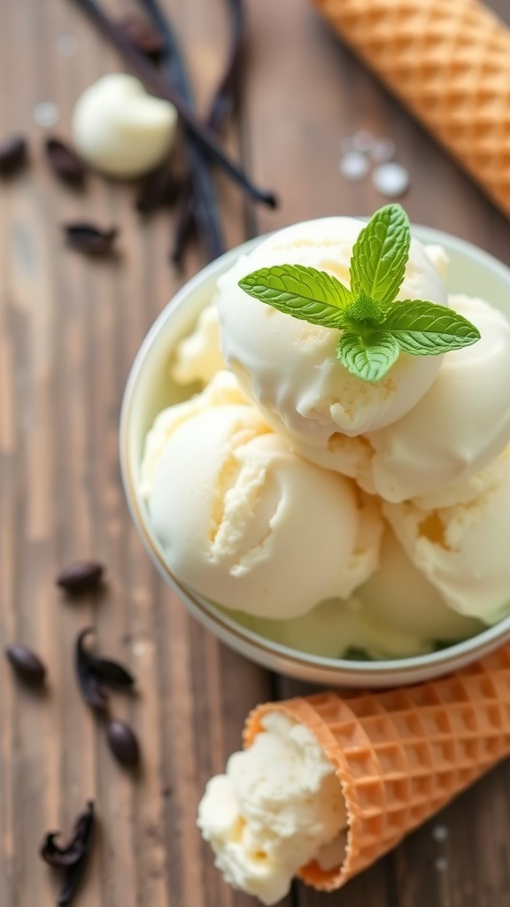 Classic Vanilla Ice Cream Recipe for 6 Quart Ice Cream Maker A bowl of vanilla ice cream with mint, a scoop on a cone, and vanilla beans on a wooden table.